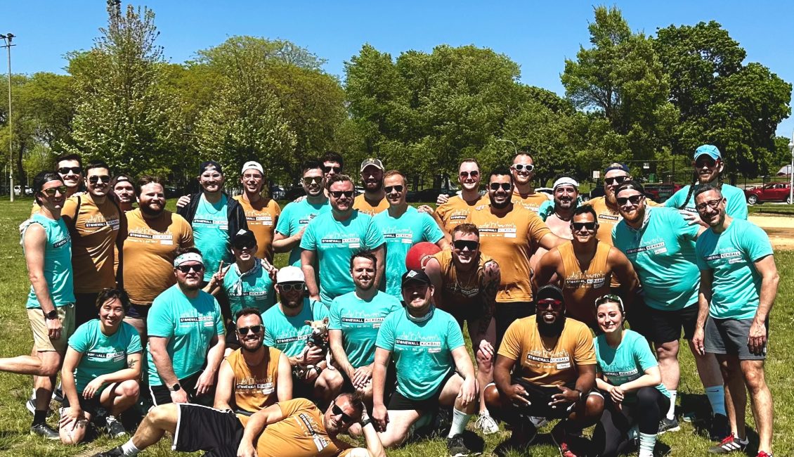 Caption: Stonewall Kickball teams Some Tops Required and Big Kick Energy pose after a recent game. Photo provided by Some Tops Required.